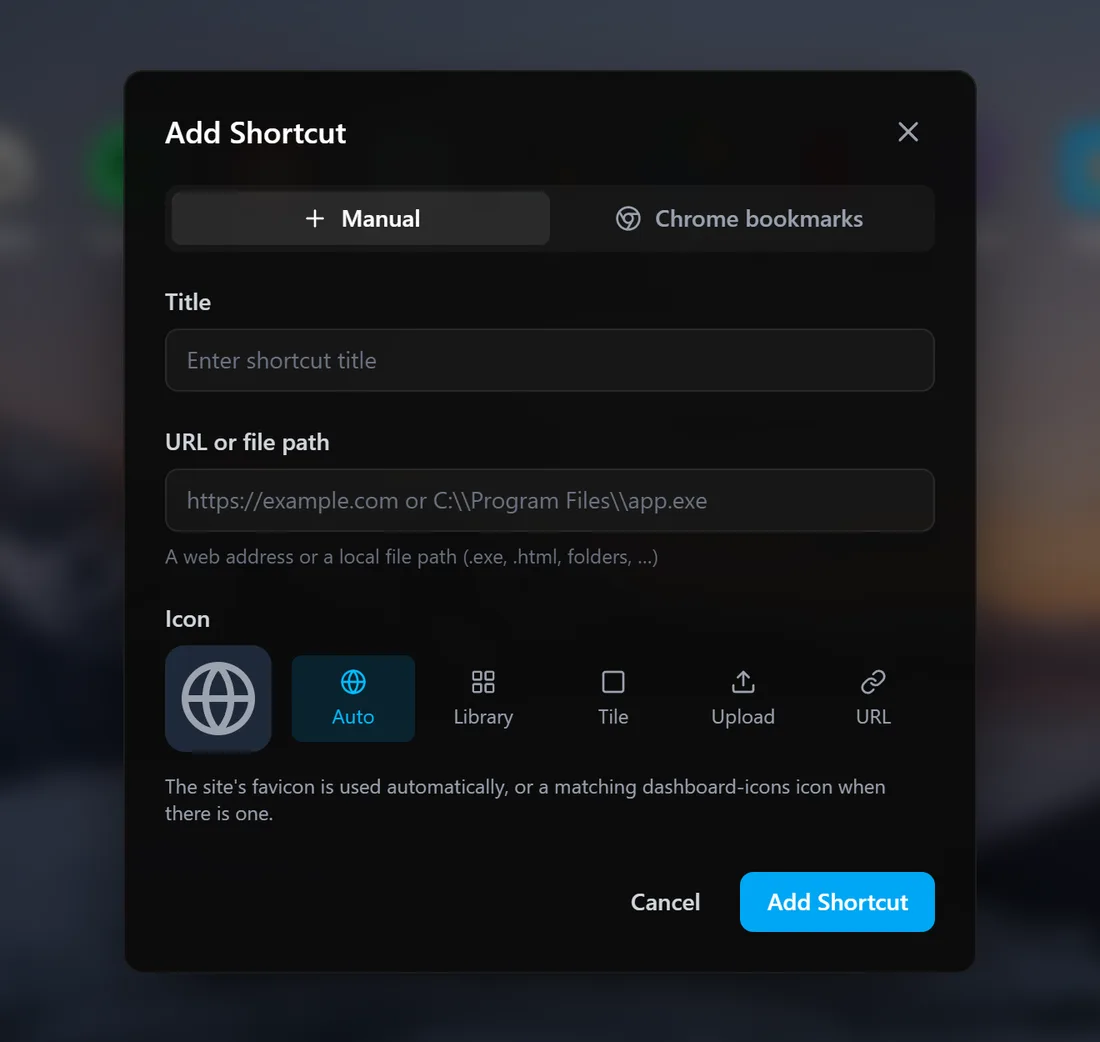 The Add Shortcut dialog with title and URL fields, an option to import Chrome bookmarks, and icon sources: Auto, Library, Tile, Upload and URL