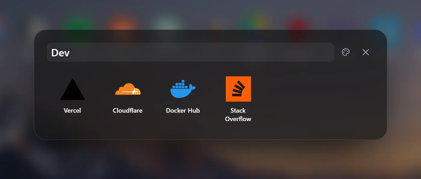 An open Deskr folder named Dev containing Vercel, Cloudflare, Docker Hub and Stack Overflow shortcuts