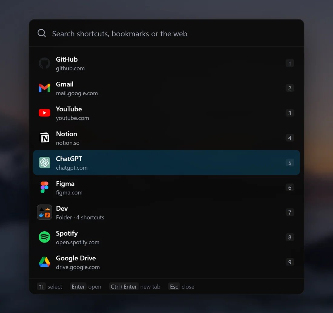 Deskr quick search opened with the slash key, listing nine numbered shortcuts: GitHub, Gmail, YouTube, Notion, ChatGPT, Figma, a Dev folder, Spotify and Google Drive