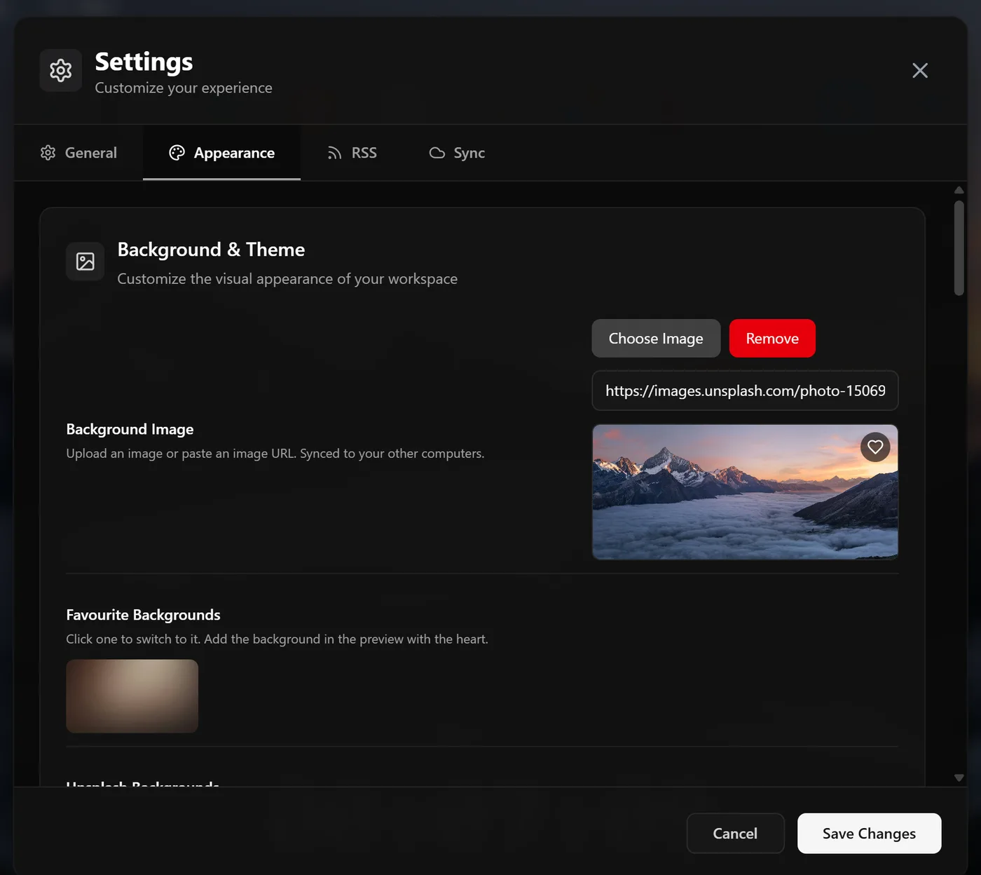 Deskr settings, Appearance tab, with a background image preview and favourite backgrounds