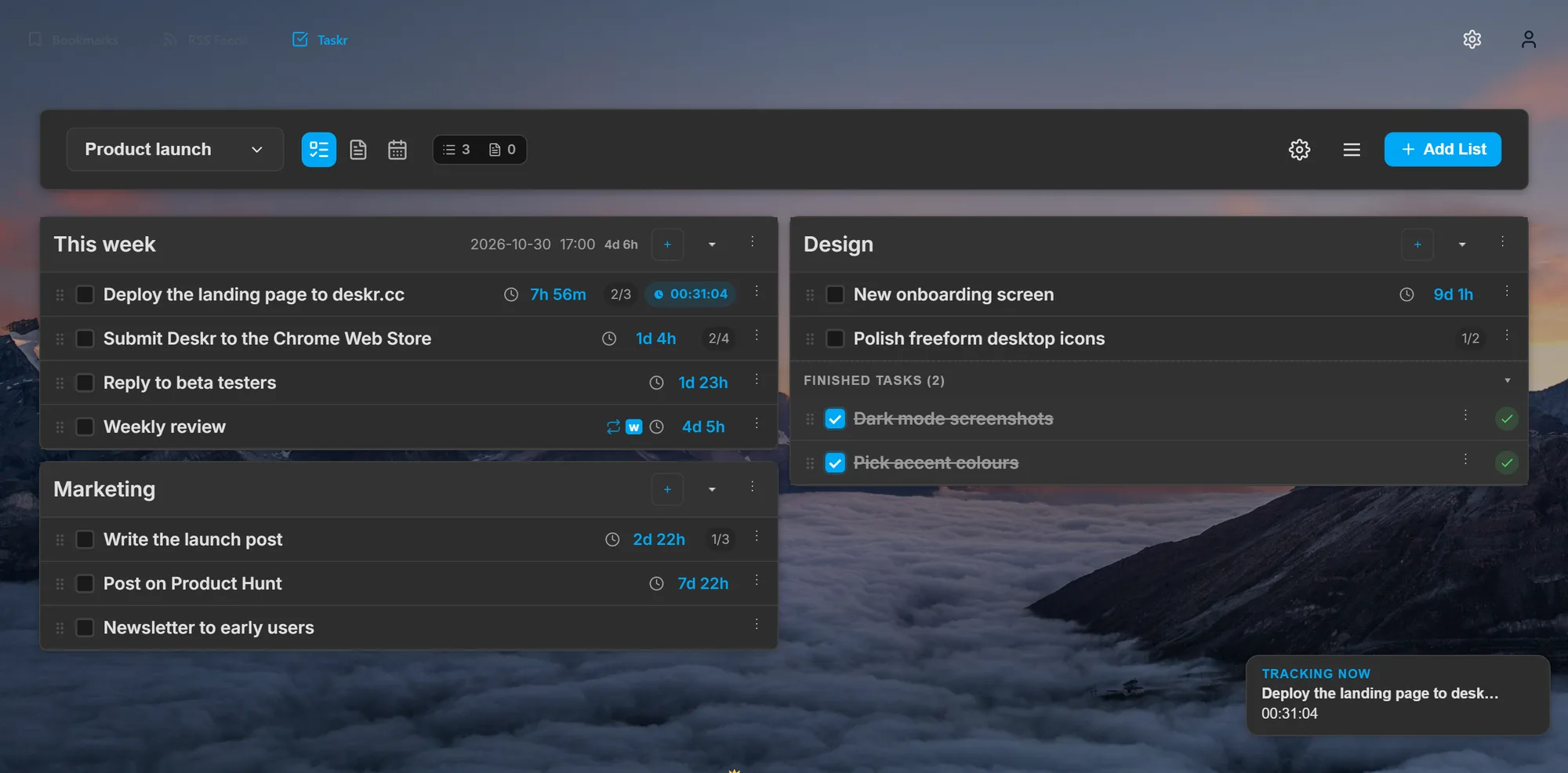 The Taskr tab in Deskr showing a Product launch workspace with This week, Marketing and Design lists, task countdowns such as 7h 56m and 1d 4h, subtask progress and a running time tracker