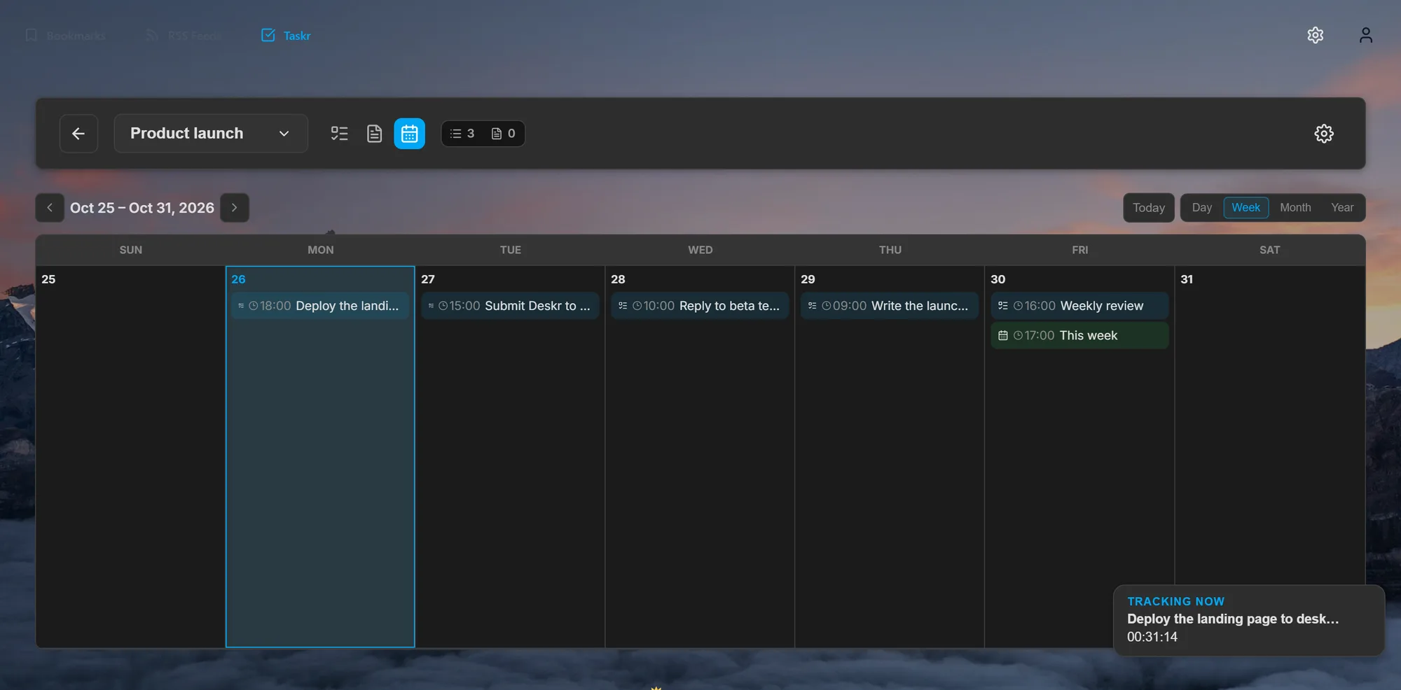 Taskr's week calendar inside Deskr with timed tasks from Monday to Friday