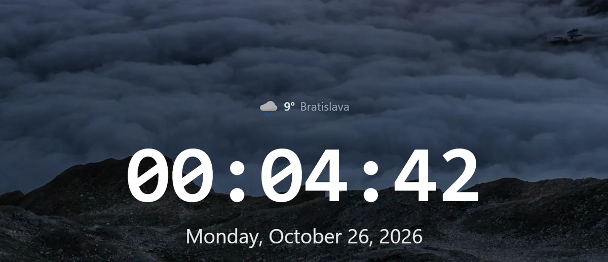 Deskr clock and weather widgets showing 9 degrees in Bratislava above a large digital clock